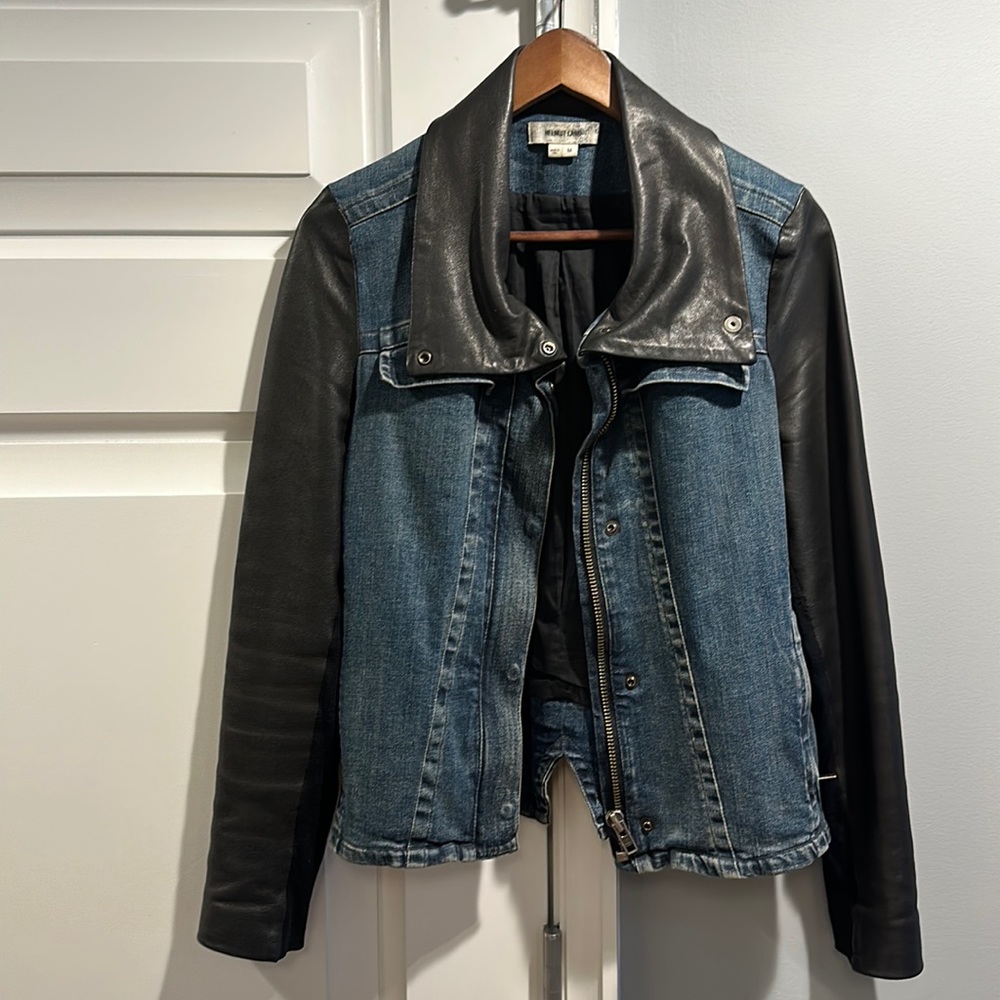 Helmut Lang jean jacket with leather sleeves and collar